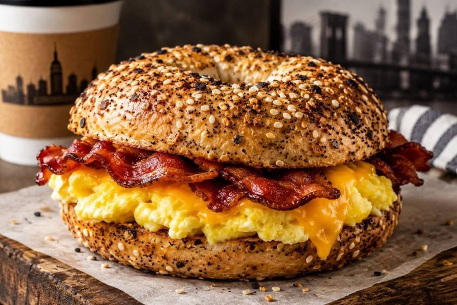 Everything bagel with bacon, scrambled egg and melted cheese