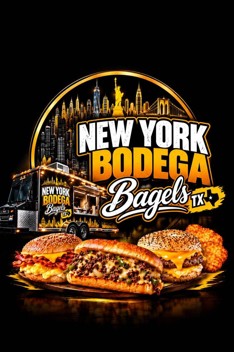 New York Bodega Bagels logo over the New York skyline at night