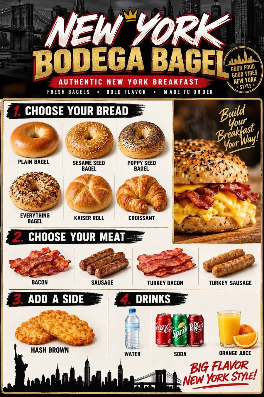 New York Bodega Bagels menu: choose your bread, meat, side and drink